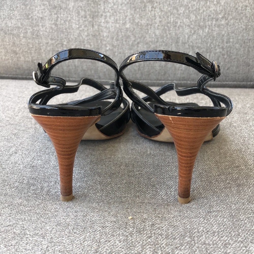 STUART WEITZMAN - Operetta Black Patent  Leather Heeled Sandals - Picture 5 of 12